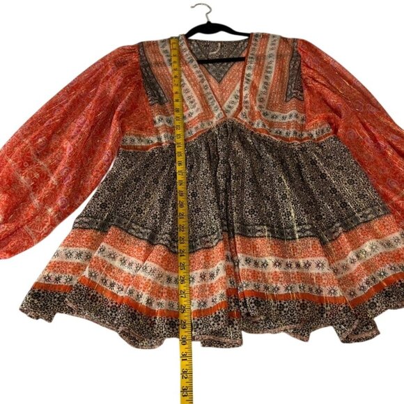 Free People Boho Chic Long-Sleeve Peasant Top With Orange & Black Patterned - Picture 12 of 14